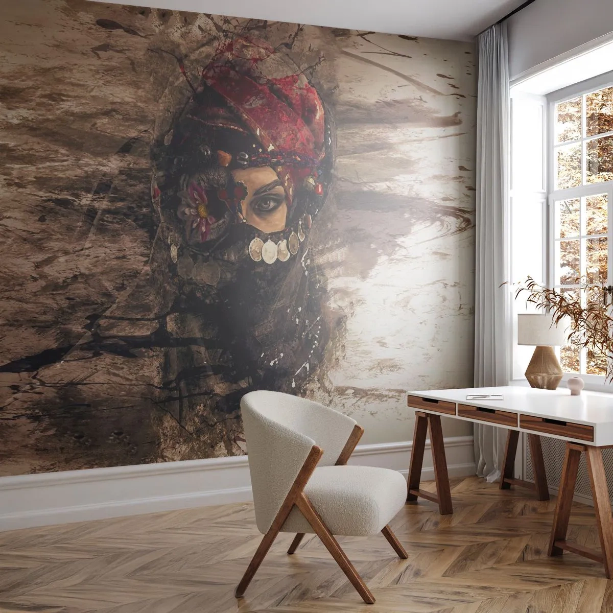 Self-Adhesive Photo Wallpaper Deluxe Sticker - At Least Worrying - Abstraction, Woman's Face, Oriental Symbols - 450x315 cm