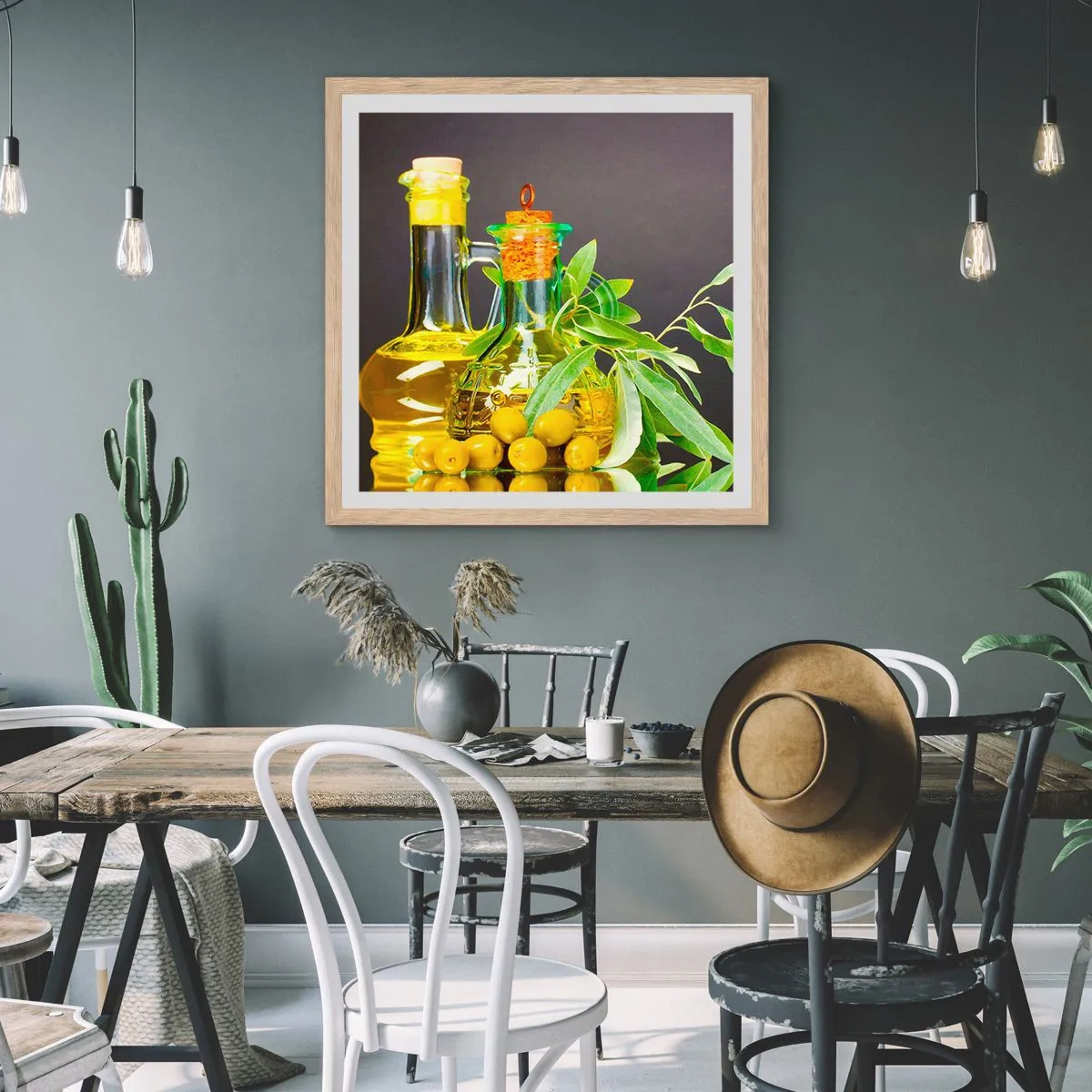 Poster in light oak frame - Still Life with Olives and Olive Oil - 30x30 cm