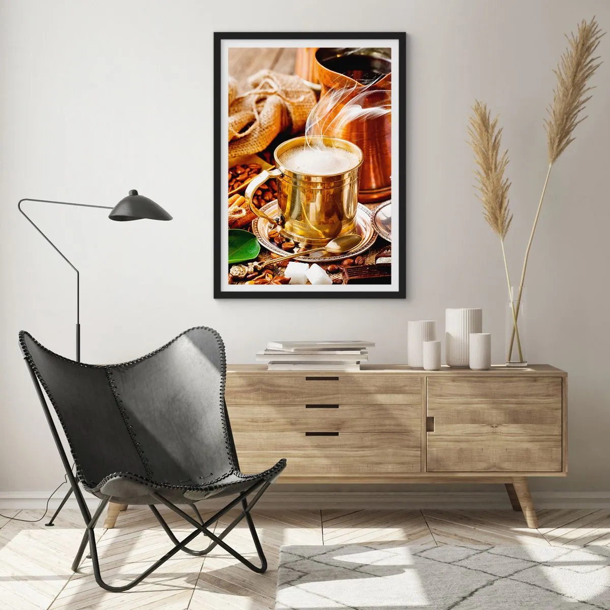 Poster in black frame - A golden mug with hot coffee and steam on a background of coffee beans. - 50x70cm - Have a Nice Day! - Modern wall decoration for the living room and bedroom ARTTOR
