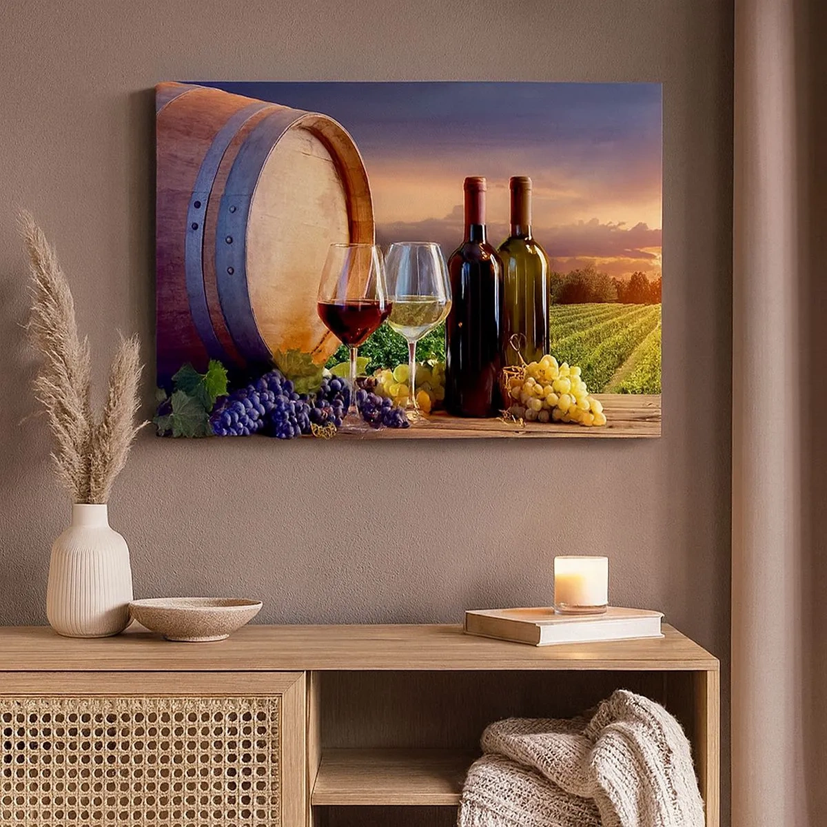 Canvas picture - Wine, glasses and a barrel in a picturesque landscape - 70x50cm - Here Life Is Full of Flavour - Modern wall decoration for the living room and bedroom ARTTOR
