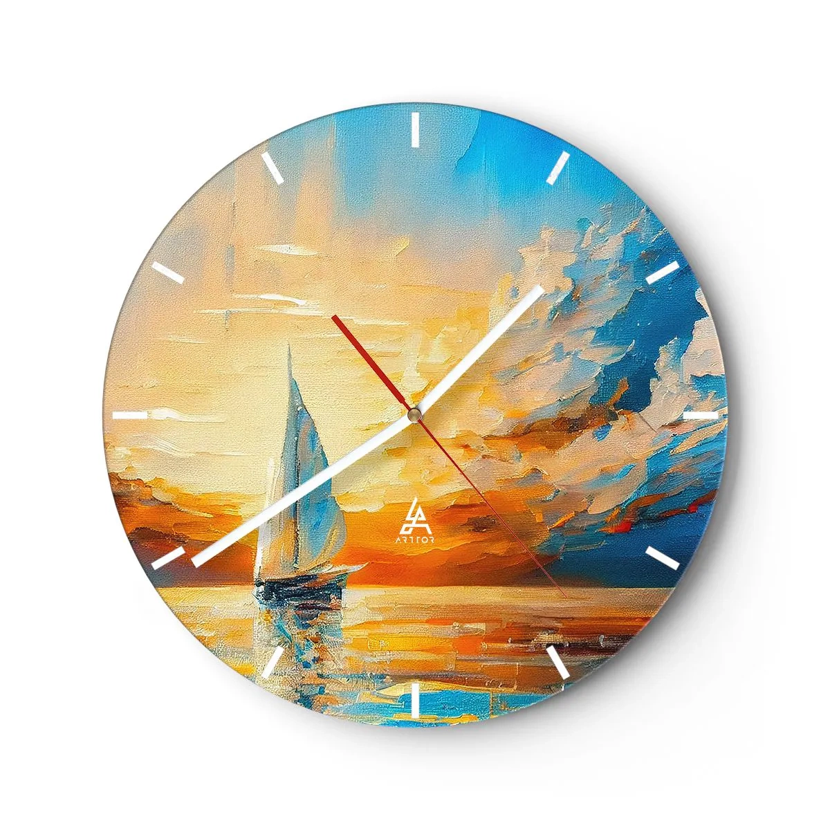 Wall clock - Clock on glass - A sailboat against the backdrop of a golden sunset over the water - 30x30cm - Sailing in Gold - Modern wall decoration for the living room, kitchen, and bedroom ARTTOR