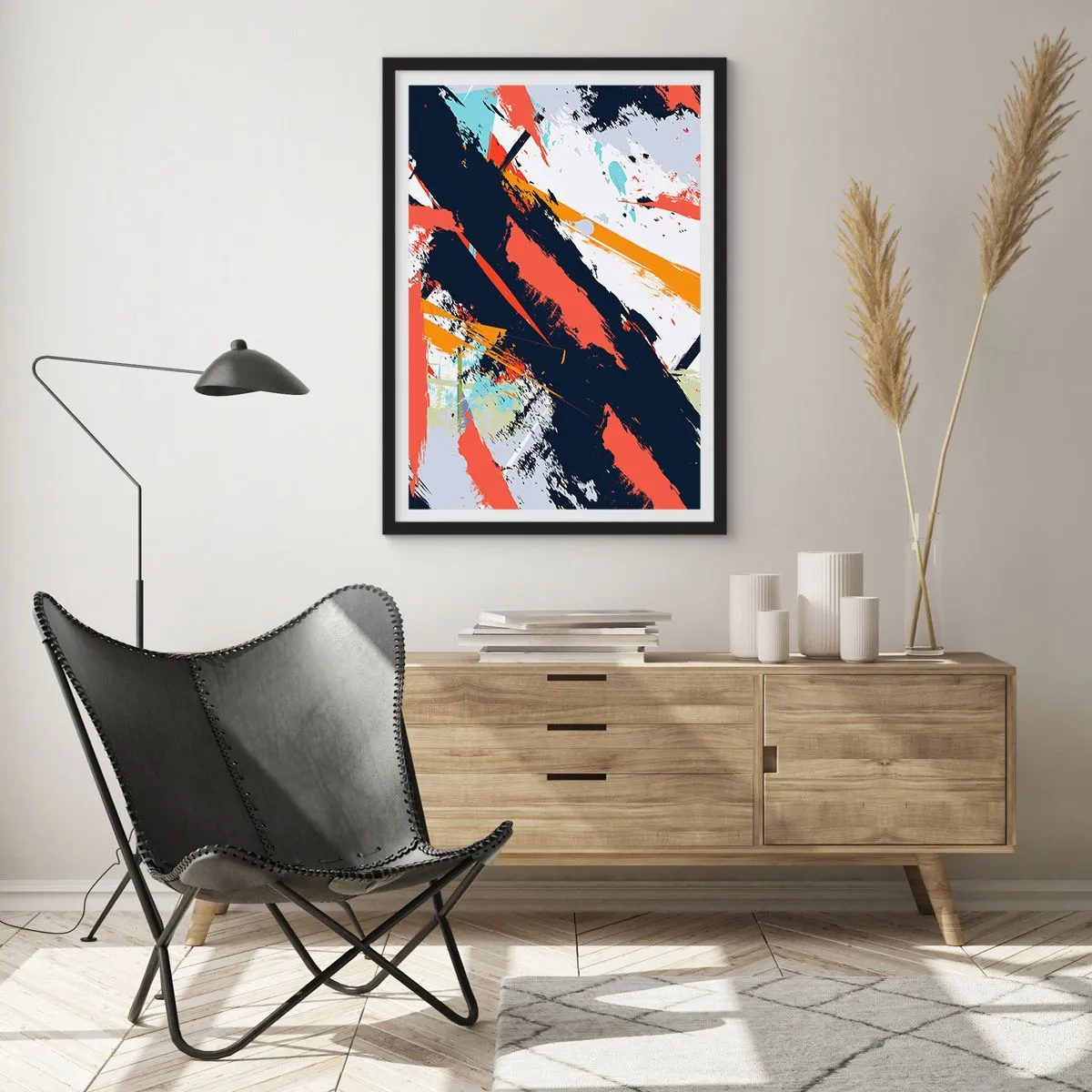 Poster in black frame - Abstract composition with dynamic brush strokes. - 50x70cm - Dynamic Composition - Modern wall decoration for the living room and bedroom ARTTOR