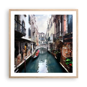 Poster in light oak frame - Venetian View with a Gondola and a Bridge - 60x60 cm