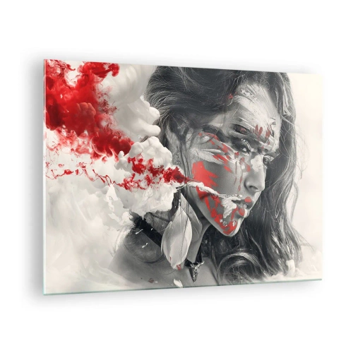 Glass picture - Portrait of a woman with abstract red and white patterns - 70x50cm - Smoke of Absurdity - Modern wall decoration for the living room and bedroom ARTTOR
