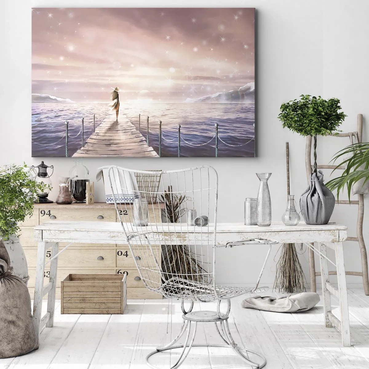 Canvas picture - A woman on a jetty in a magical sunset setting - 70x50cm - In a Dream World - Modern wall decoration for the living room and bedroom ARTTOR