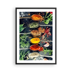 Poster in black frame - Colorful spices and herbs on metal spoons - 50x70cm - Culinary Magic - Modern wall decoration for the living room and bedroom ARTTOR
