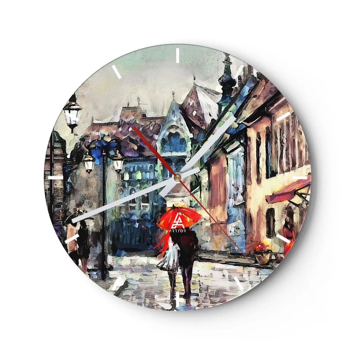Wall clock - Clock on glass - A romantic street with an umbrella against the backdrop of tenement houses in the rain - 30x30cm - Rain for Two - Modern wall decoration for the living room, kitchen, and bedroom ARTTOR