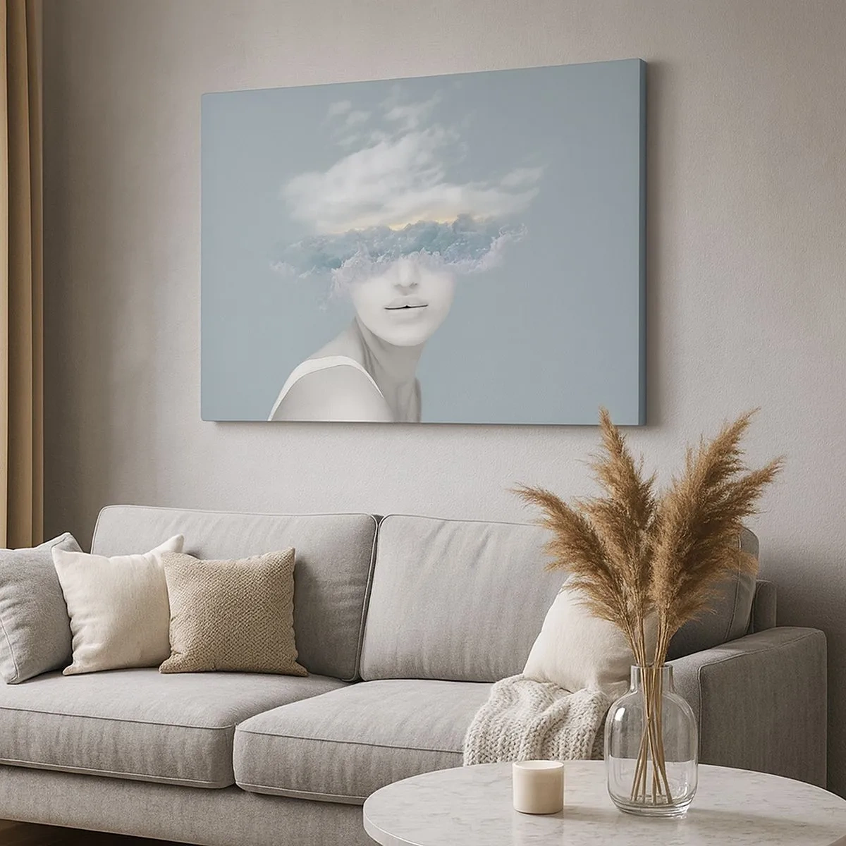 Canvas picture - Portrait of a woman with her face hidden behind clouds and waves - 70x50cm - With the Head In the Clouds - Modern wall decoration for the living room and bedroom ARTTOR