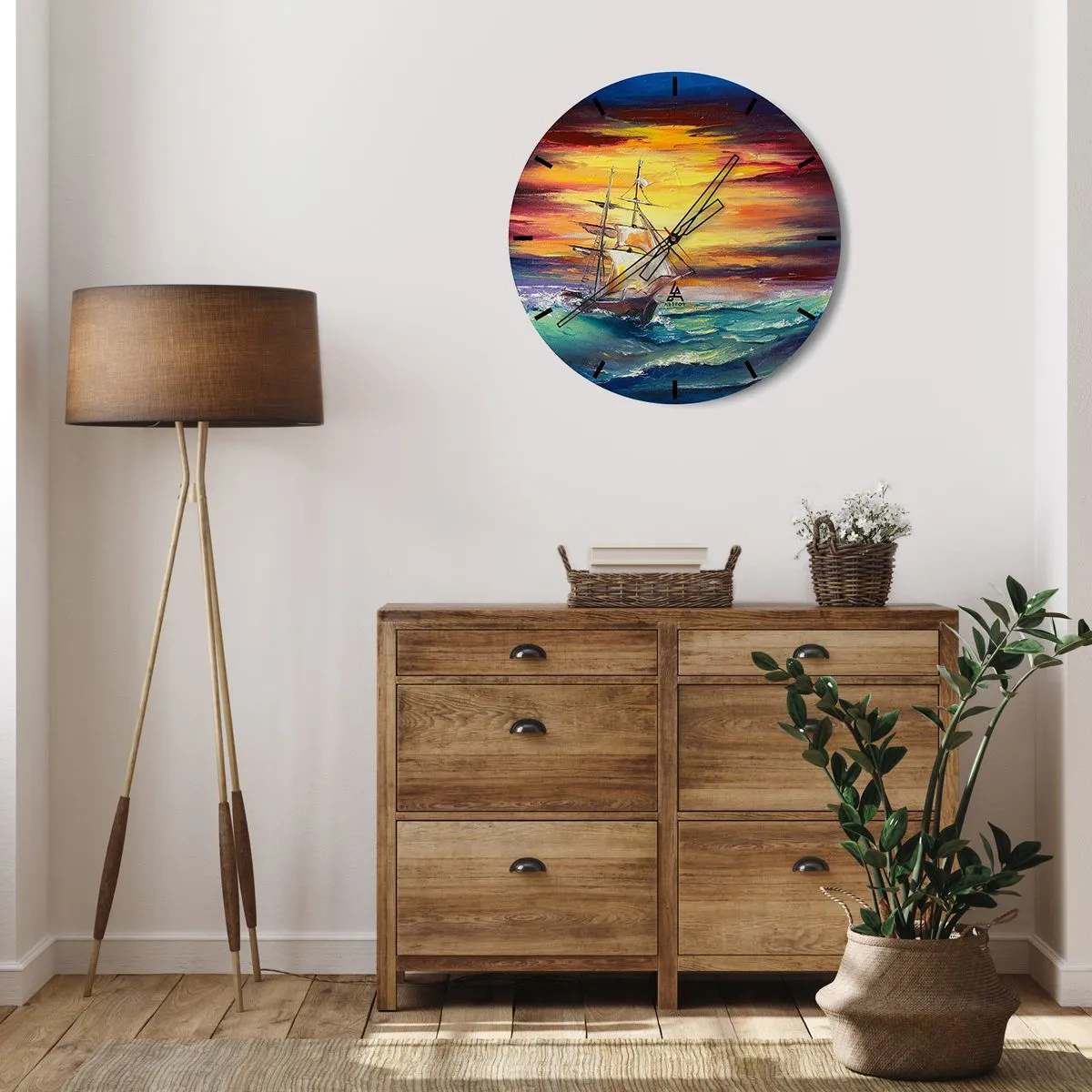 Wall clock - Clock on glass - A sailing ship in a stormy sea at sunset - 30x30cm - Fearlessly towards the Waves  - Modern wall decoration for the living room, kitchen, and bedroom ARTTOR