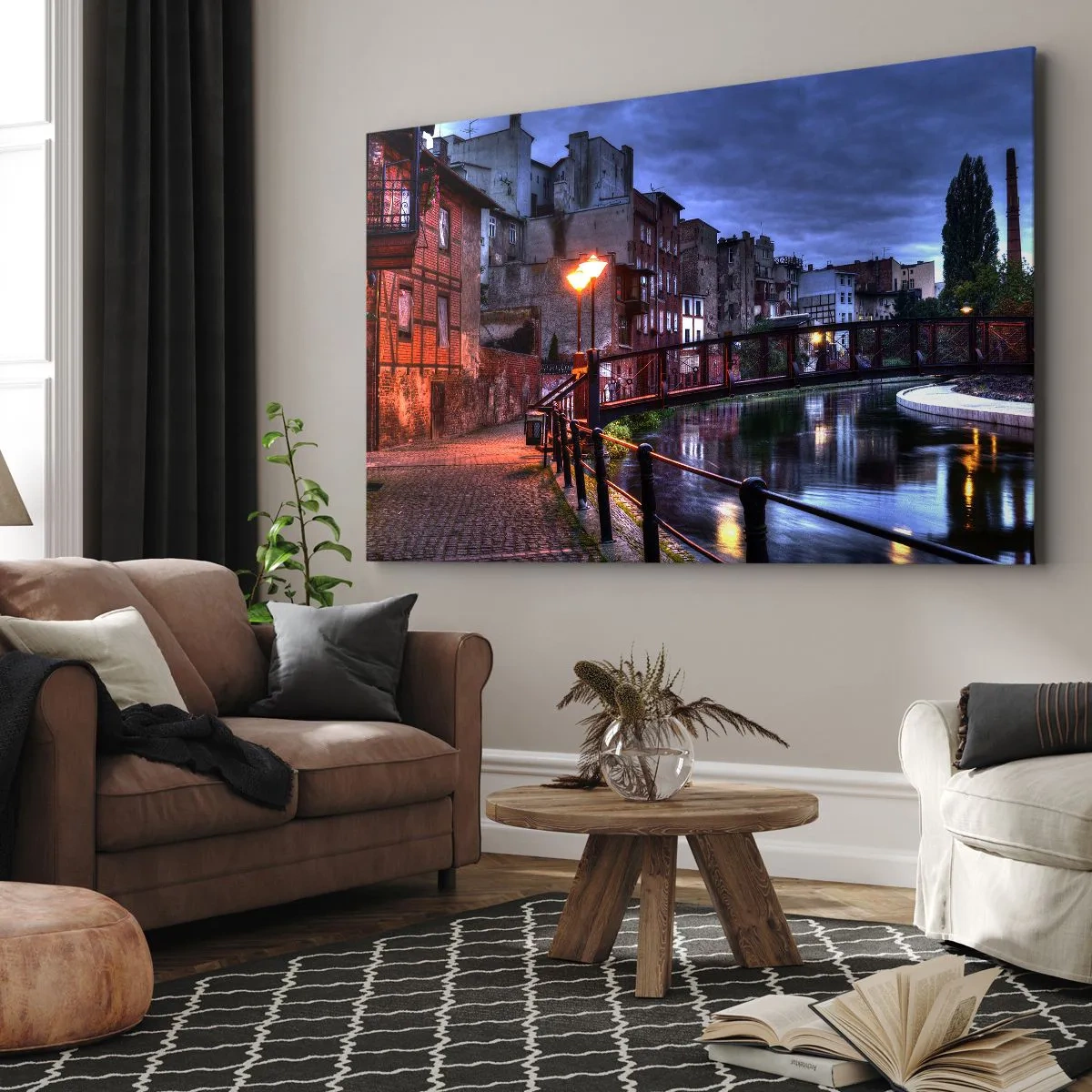 Canvas picture - Evening view of the tenement houses and the bridge over the canal - 70x50cm - Bydgoszcz You Did Not Know - Modern wall decoration for the living room and bedroom ARTTOR