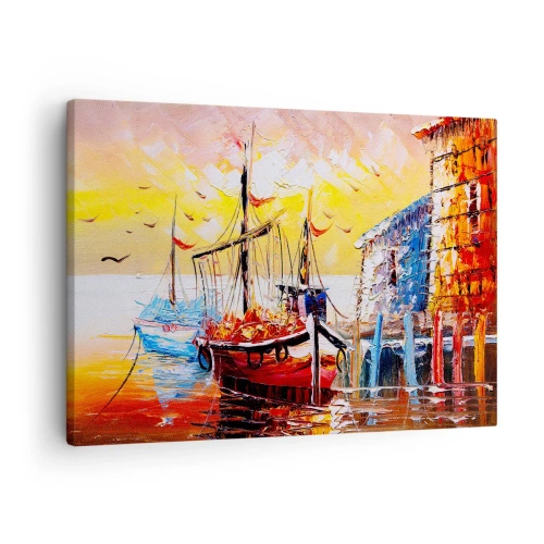 Canvas picture - Picturesque harbor at sunset with fishing boats - 70x50cm - Happy Comeback - Modern wall decoration for the living room and bedroom ARTTOR