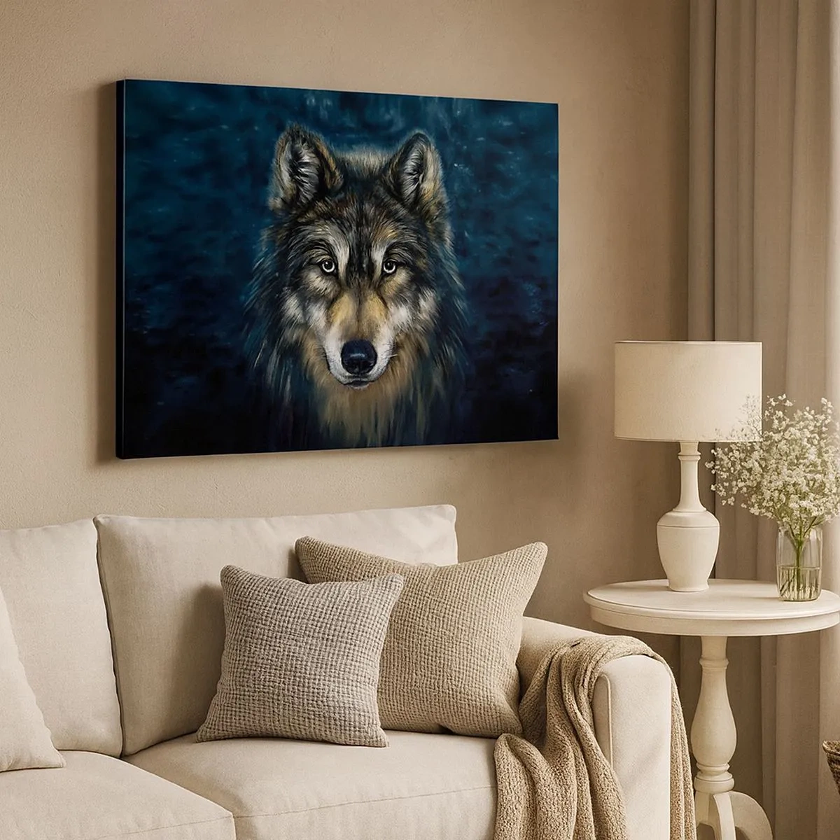 Canvas picture - Portrait of a wolf on a dark blue background - 70x50cm - Alpha? And Omega - Modern wall decoration for the living room and bedroom ARTTOR