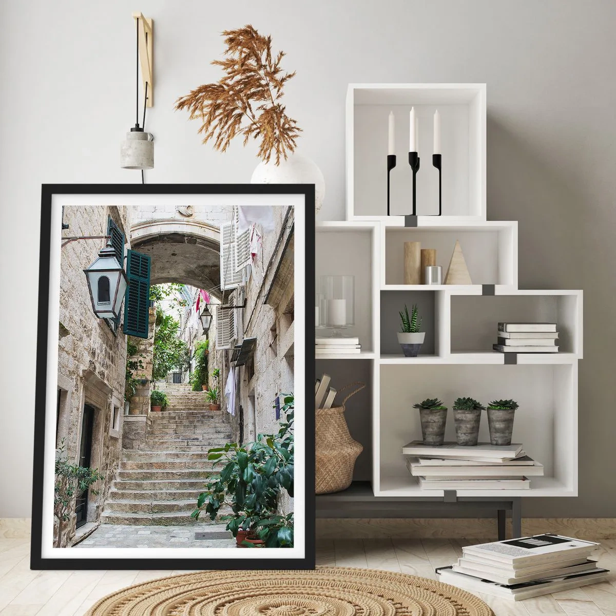Poster in black frame - A picturesque stone street with stairs and vegetation - 50x70cm - Charming Alley - Modern wall decoration for the living room and bedroom ARTTOR