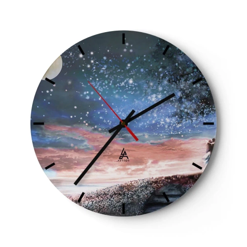 Wall clock - Clock on glass - night sky full of stars with a moon and pink clouds - 30x30cm - Starry Spectacle - Modern wall decoration for the living room, kitchen, and bedroom ARTTOR
