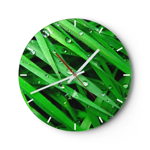 Wall clock - Clock on glass - Close-up of green leaves covered with water drops - 30x30cm - Go Grren - Modern wall decoration for the living room, kitchen, and bedroom ARTTOR