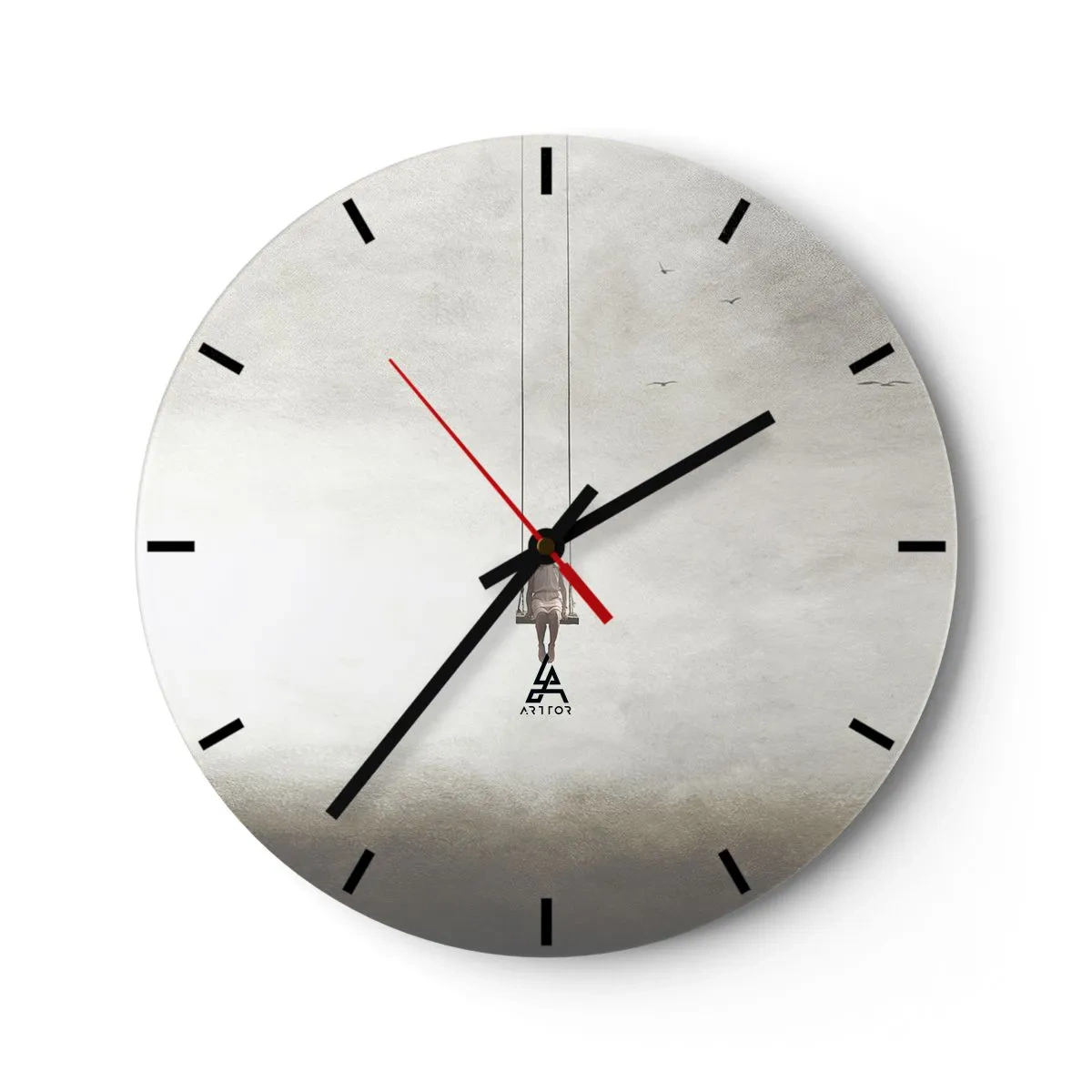 Wall clock - Clock on glass - A figure on a swing suspended in a minimalist space - 30x30cm - Child in Us - Modern wall decoration for the living room, kitchen, and bedroom ARTTOR