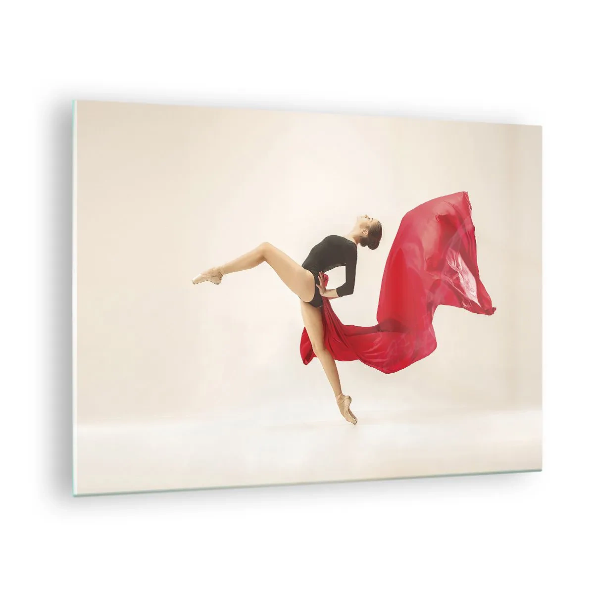 Glass picture - A dancer in a dynamic jump with red fabric - 70x50cm - Red and Black - Modern wall decoration for the living room and bedroom ARTTOR