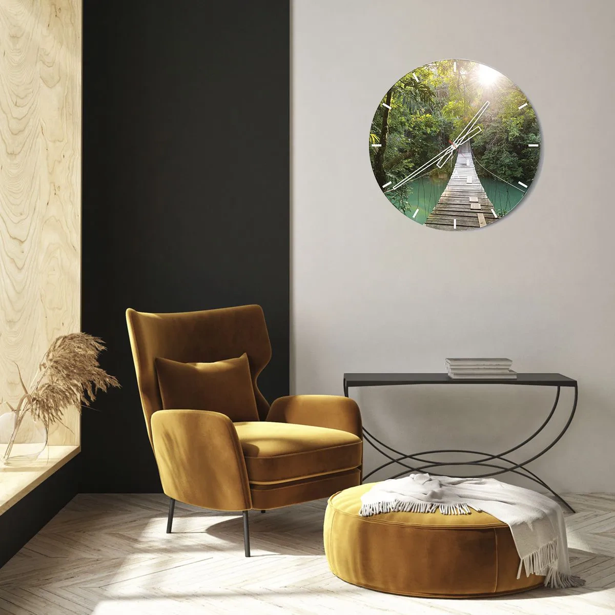 Wall clock - Clock on glass - Wooden suspension bridge in the tropical jungle at dawn - 30x30cm - Azure Water in Azure Forest - Modern wall decoration for the living room, kitchen, and bedroom ARTTOR
