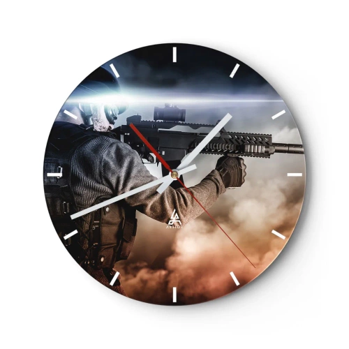 Wall clock - Clock on glass - A soldier with a rifle against a background of smoke and flashes of light. - 30x30cm - Simply a Hero - Modern wall decoration for the living room, kitchen, and bedroom ARTTOR