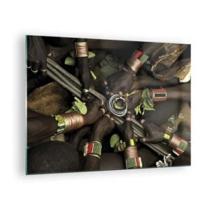 Glass picture - Hands with bracelets holding a vessel in a ritual gesture - 70x50cm - We Are Together - Modern wall decoration for the living room and bedroom ARTTOR