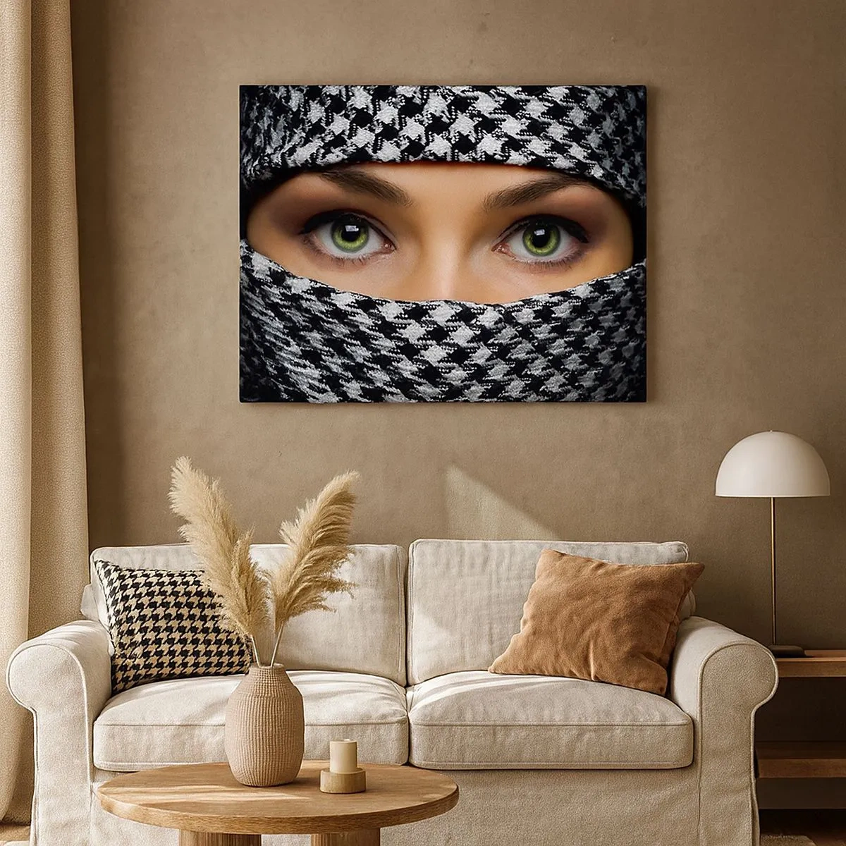 Canvas picture - A woman's green eyes are hidden behind a patterned fabric in black and white. - 70x50cm - Portrait of Head-scarfed Beauty - Modern wall decoration for the living room and bedroom ARTTOR