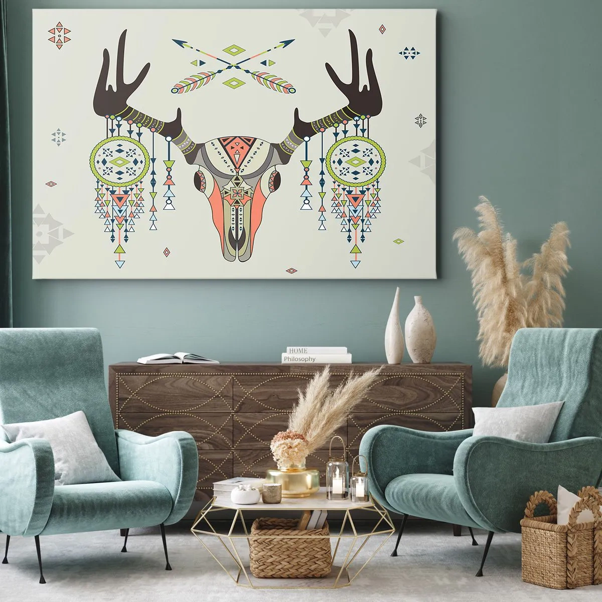 Canvas picture - Boho decoration with deer skull and dream catchers - 70x50cm - Trophy of an Indian Hunter - Modern wall decoration for the living room and bedroom ARTTOR