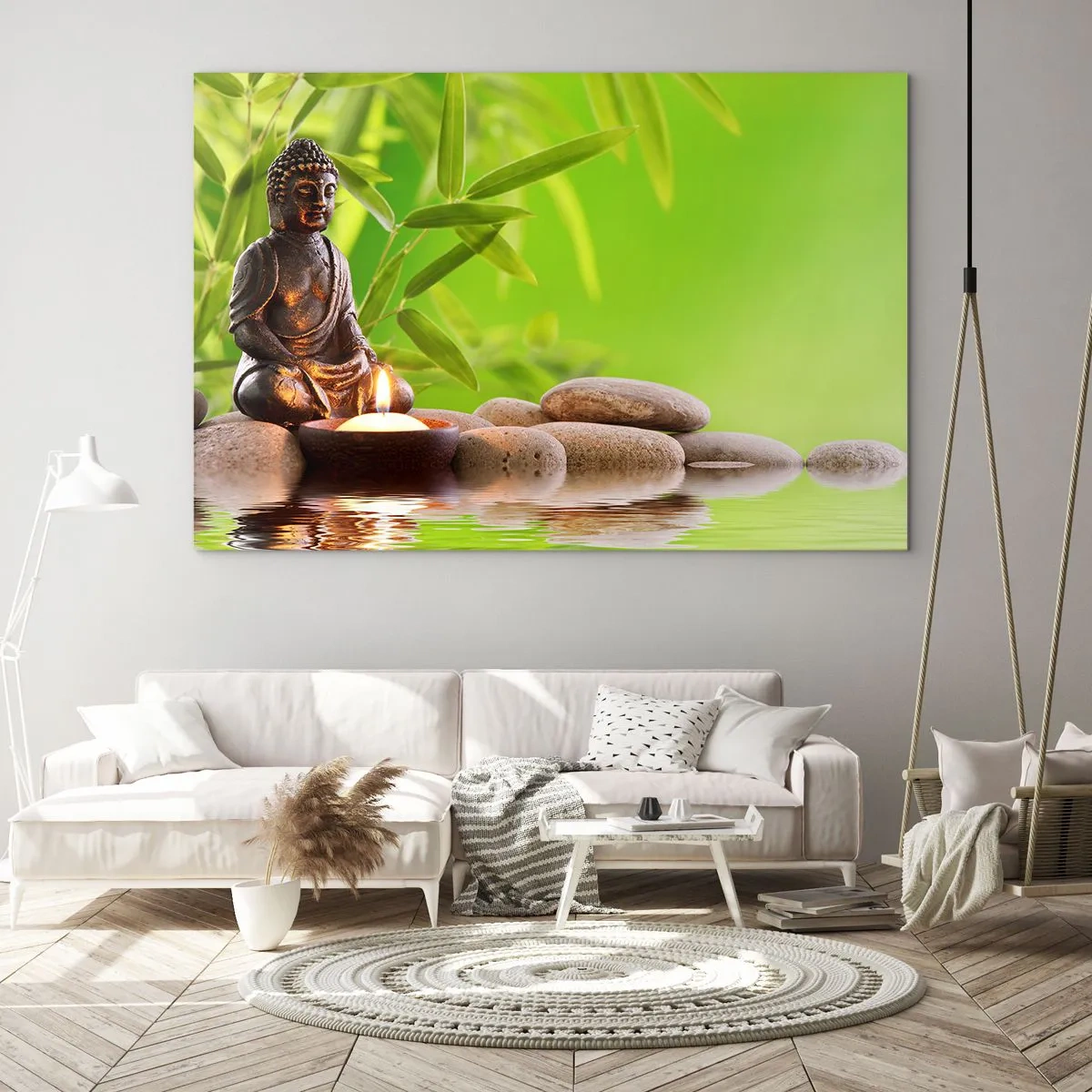 Glass picture - A Buddha figure with a lit candle in a green setting - 70x50cm - Life Is Beautiful - Modern wall decoration for the living room and bedroom ARTTOR