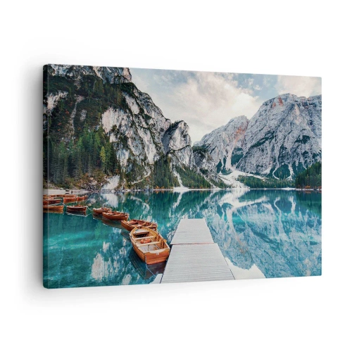 Canvas picture - A lake with boats surrounded by mountains - 70x50cm - We Will Show You Beauty - Modern wall decoration for the living room and bedroom ARTTOR