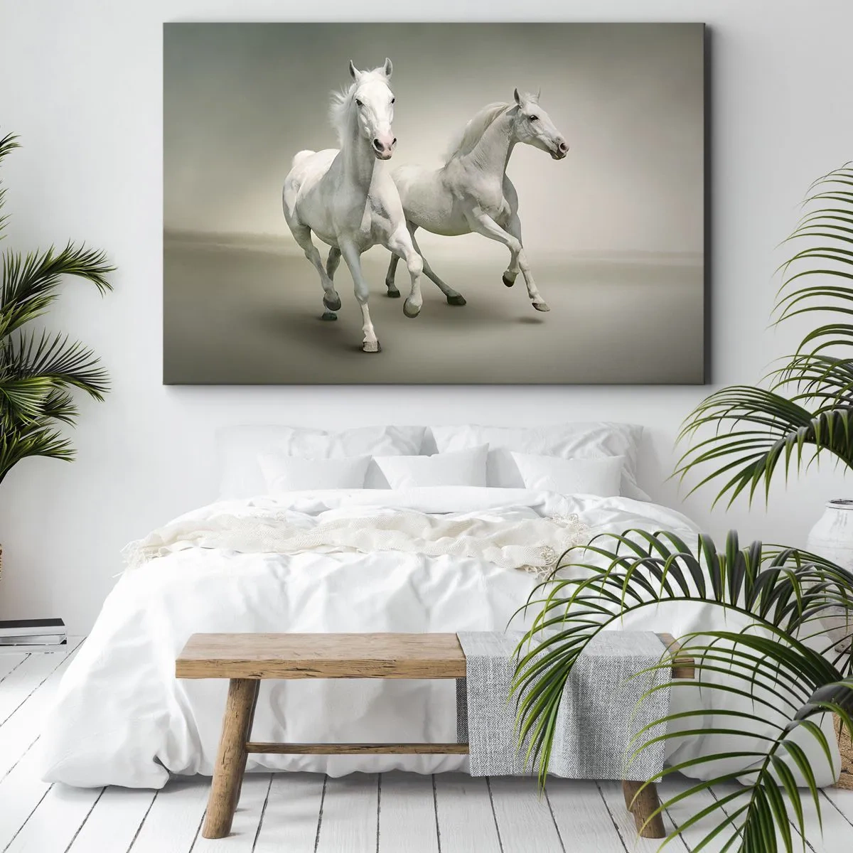 Canvas picture - Two white horses galloping against a light background - 70x50cm - White Power! - Modern wall decoration for the living room and bedroom ARTTOR