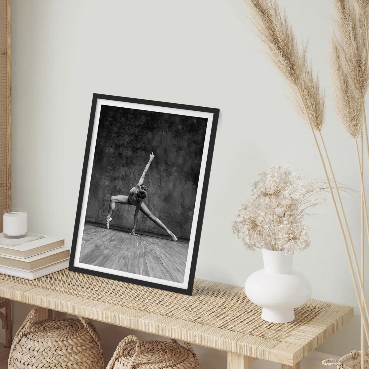 Poster in black frame - A black and white ballerina in a dynamic pose against a raw wall. - 50x70cm - Ideal of Balance - Modern wall decoration for the living room and bedroom ARTTOR