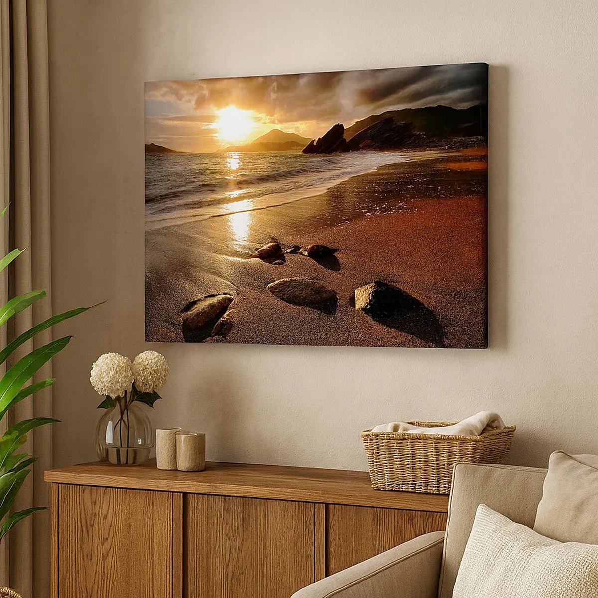Canvas picture - Beach at sunset with stones on the shore - 70x50cm - Follow the Sun towards Hills - Modern wall decoration for the living room and bedroom ARTTOR