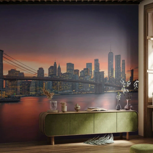 Self-Adhesive Photo Wallpaper Deluxe Sticker - Submerged in Lilac Silence - New York, City, Brooklyn Bridge - 300x210 cm