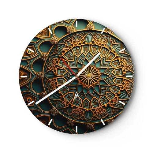 Wall clock - Clock on glass - Gold and turquoise Arabic-style mosaic with geometric pattern - 30x30cm - In Arabic Style - Modern wall decoration for the living room, kitchen, and bedroom ARTTOR