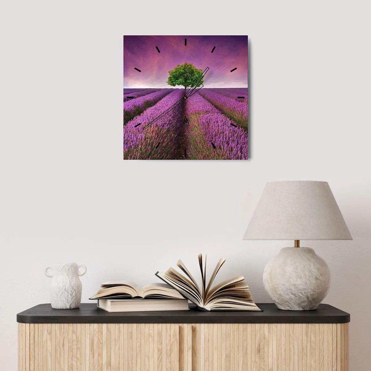 Wall clock - Clock on glass - In the Fields of Lavender - 40x40 cm