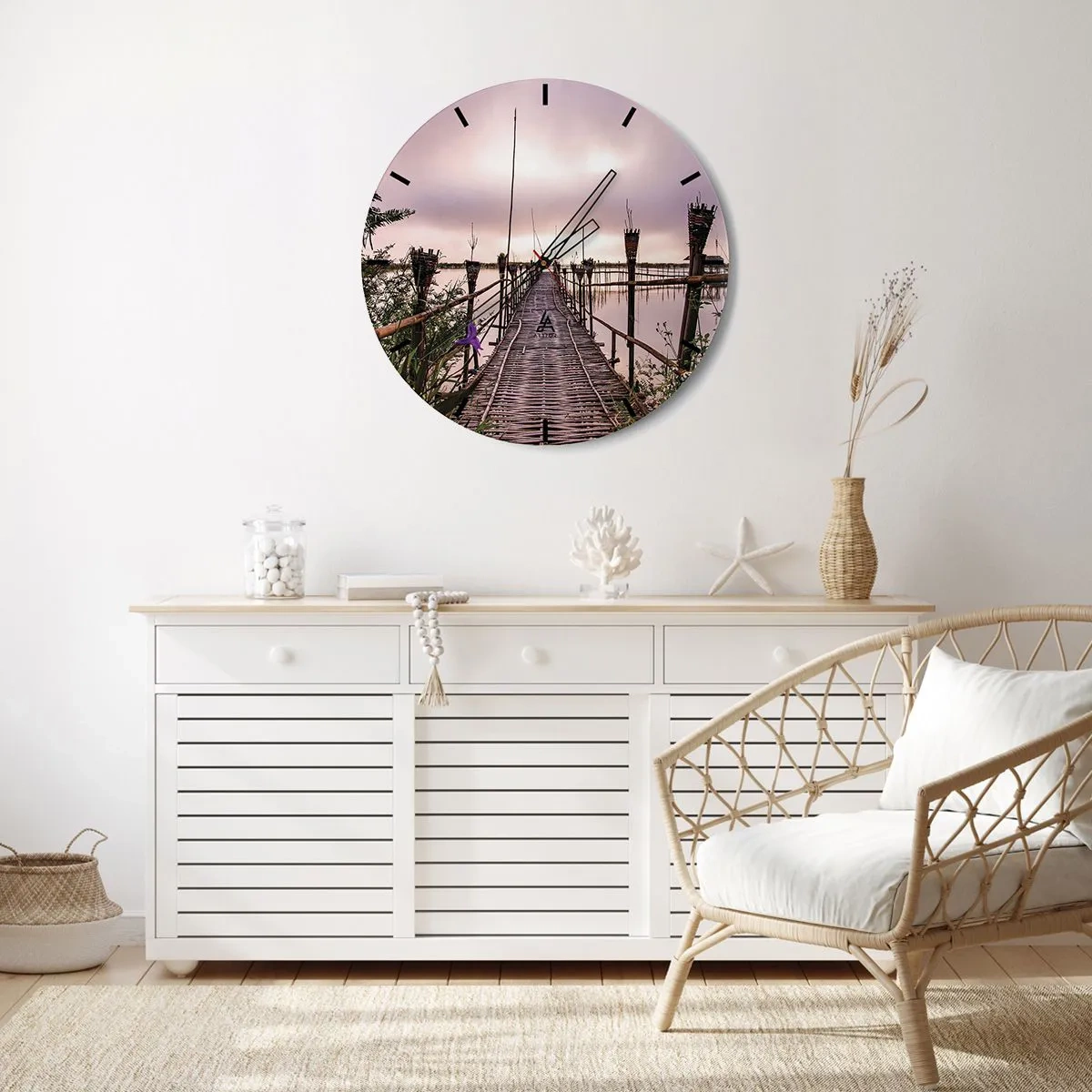 Wall clock - Clock on glass - A bamboo bridge leading into the depths of a tranquil lake - 30x30cm - Peace and Quiet of Asia - Modern wall decoration for the living room, kitchen, and bedroom ARTTOR