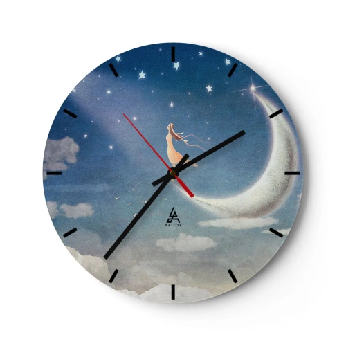Wall clock - Clock on glass - A figure on the moon surrounded by stars in the night sky - 30x30cm - Blue Suitor - Modern wall decoration for the living room, kitchen, and bedroom ARTTOR