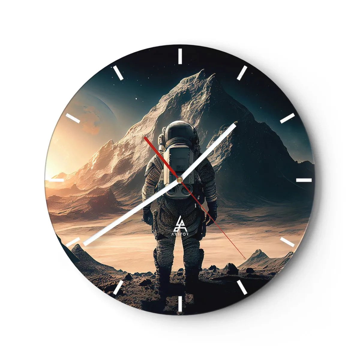 Wall clock - Clock on glass - An astronaut looking at a space landscape with a mountain - 30x30cm - New Challenge - Modern wall decoration for the living room, kitchen, and bedroom ARTTOR