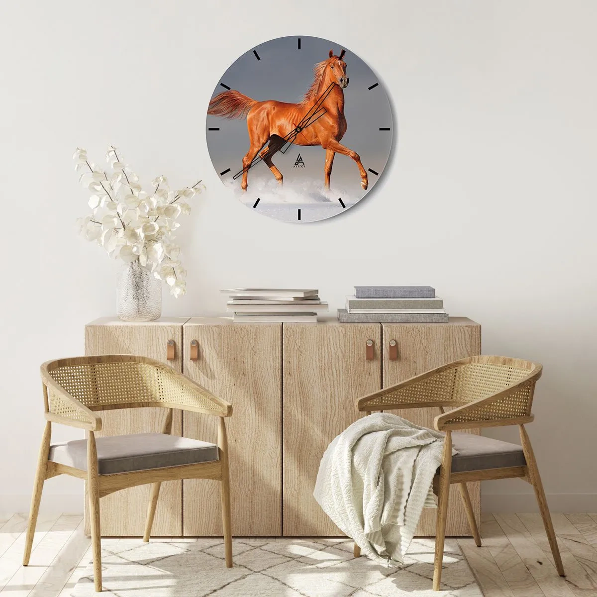 Wall clock - Clock on glass - A galloping horse with a chestnut coat against a light background - 30x30cm - Dancing Grace - Modern wall decoration for the living room, kitchen, and bedroom ARTTOR