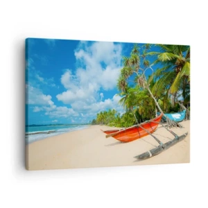 Canvas picture - Tropical beach with palm trees and colorful boats - 70x50cm - Charm of the Tropics - Modern wall decoration for the living room and bedroom ARTTOR
