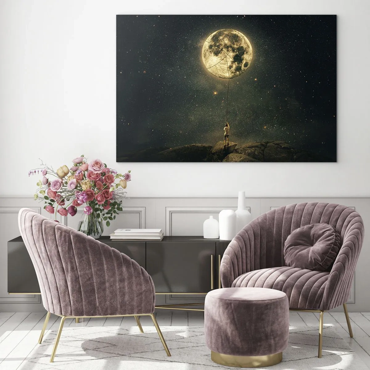 Glass picture - A figure on a rock holding the moon, which is trapped on a rope. - 70x50cm - One that Stole the Moon - Modern wall decoration for the living room and bedroom ARTTOR