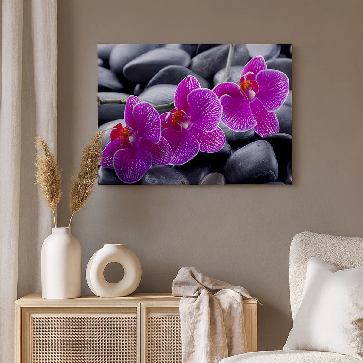 Canvas picture - Purple orchids against a background of black stones - 70x50cm - Stones Shining with Awe - Modern wall decoration for the living room and bedroom ARTTOR