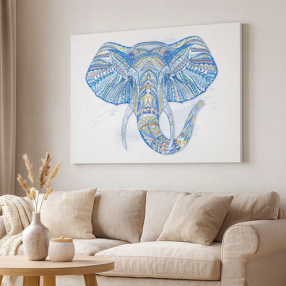 Canvas picture - Geometric elephant in shades of blue and gold - 70x50cm - Adorned in Gold and Blue - Modern wall decoration for the living room and bedroom ARTTOR