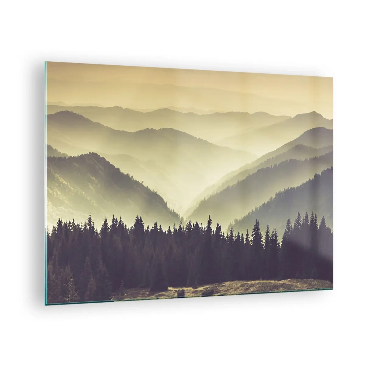 Glass picture - A misty view of a mountain range with a dark forest in the foreground - 70x50cm - In a Faraway Land, Past the Mountains - Modern wall decoration for the living room and bedroom ARTTOR