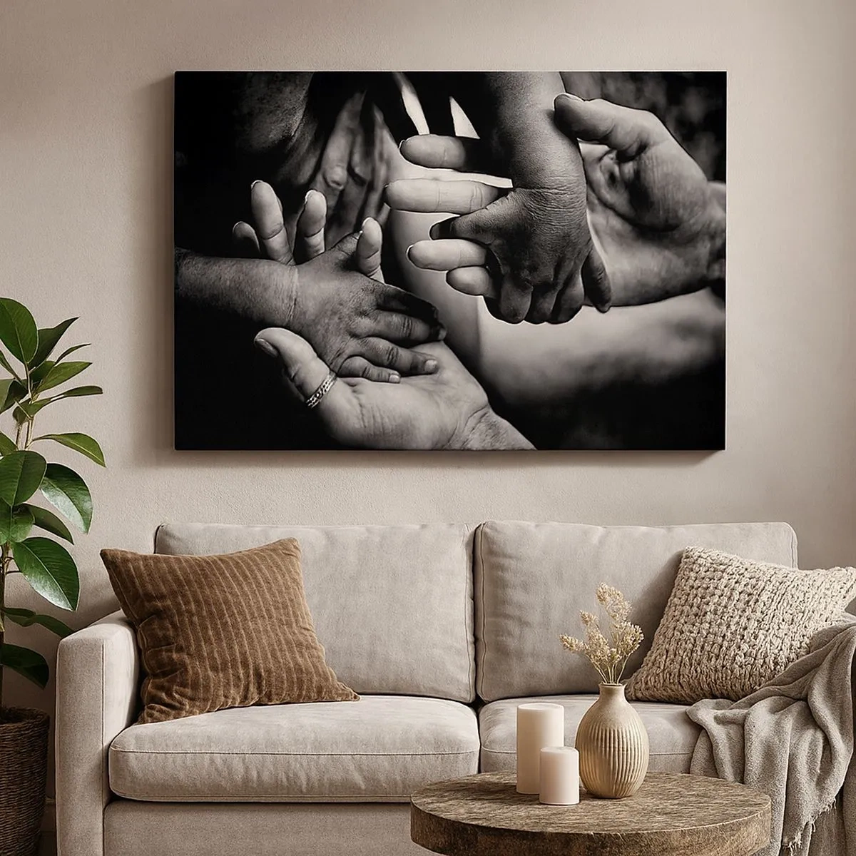 Canvas picture - Black and white hands of different generations - 70x50cm - To be a Man - Modern wall decoration for the living room and bedroom ARTTOR