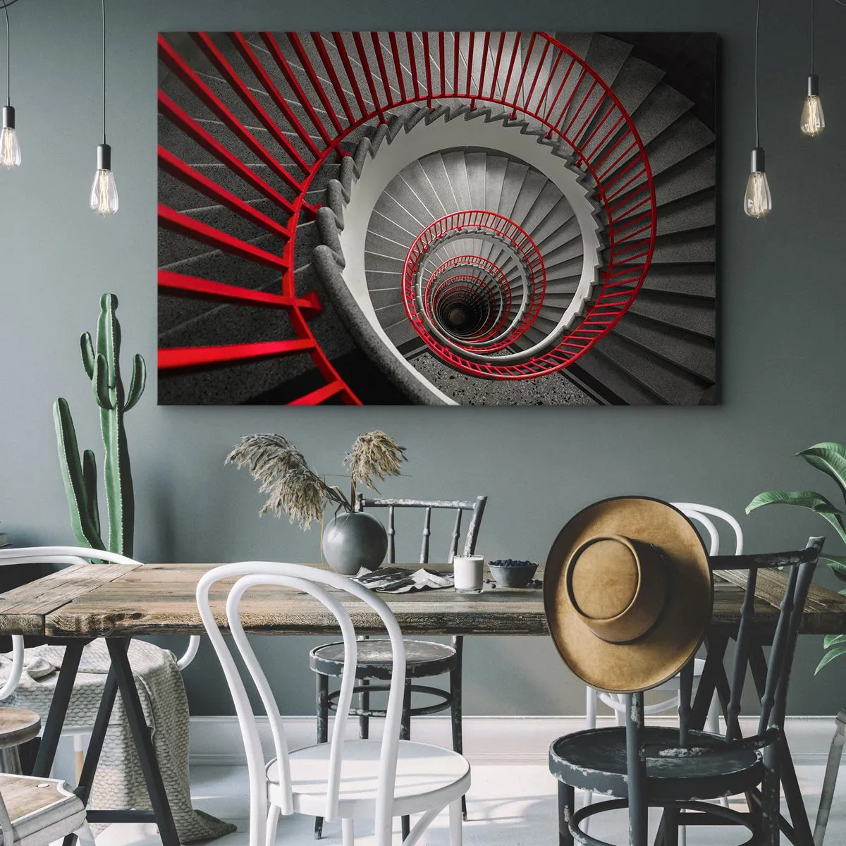 Canvas picture - Spiral staircase with red handrails in a dynamic perspective - 70x50cm - Games of Architecture - Modern wall decoration for the living room and bedroom ARTTOR