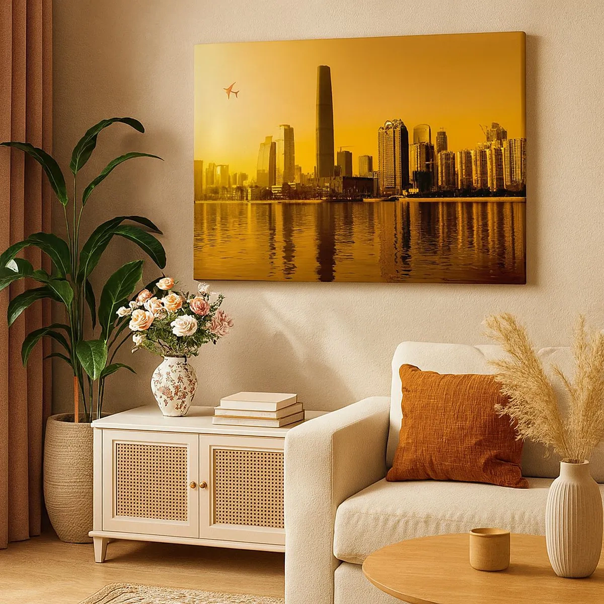 Canvas picture - City panorama at sunset with skyscrapers and an airplane - 70x50cm - Golden City - Modern wall decoration for the living room and bedroom ARTTOR