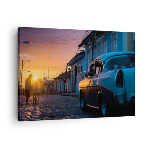 Canvas picture - Retro car and bicycle on the street in the light of the setting sun - 70x50cm - Time Slows Down Here - Modern wall decoration for the living room and bedroom ARTTOR