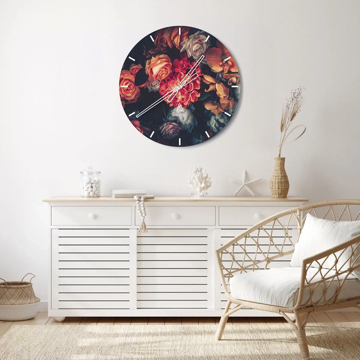 Wall clock - Clock on glass - Baroque-style floral arrangement on a dark background - 30x30cm - Like at Dutch Masters - Modern wall decoration for the living room, kitchen, and bedroom ARTTOR