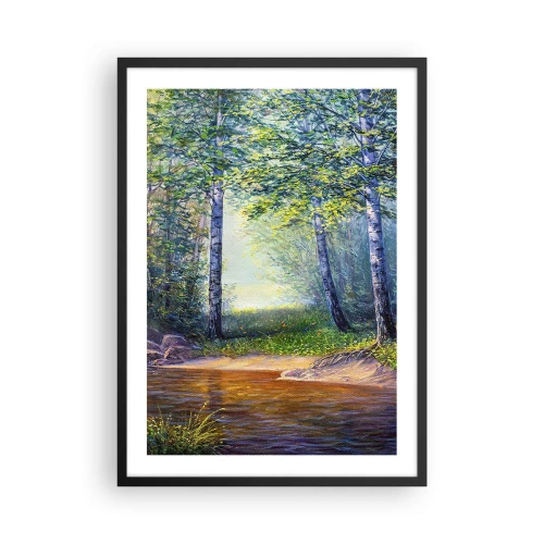 Poster in black frame - A forest glade with birch trees and a stream in the rays of the sun - 50x70cm - Idyllic Scenery - Modern wall decoration for the living room and bedroom ARTTOR