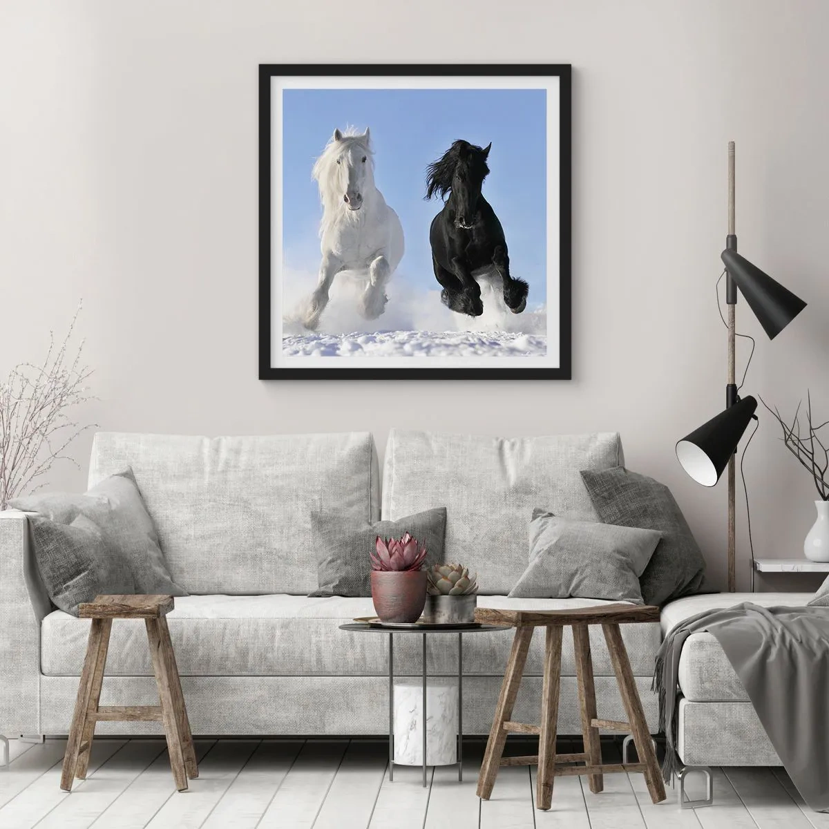 Poster in black frame - Black and White Gallop - 40x40 cm